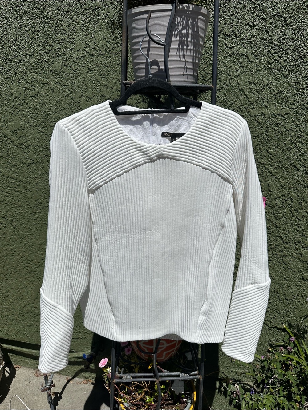 Maje White Ribbed Long-Sleeve Structured Top